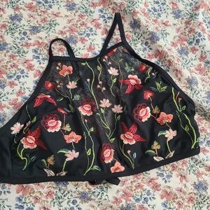 Floral Embroidered Black Mesh Bikini Top